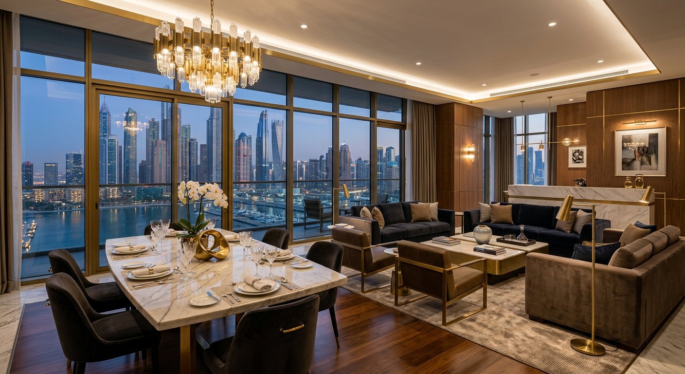 Residents' lounge interior in a luxury branded residence in Dubai