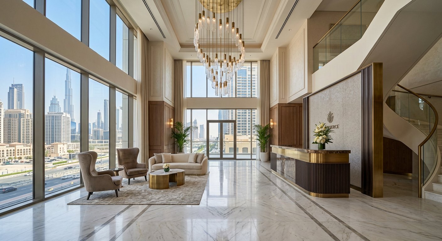Luxury branded residence lobby in Dubai with marble and concierge desk
