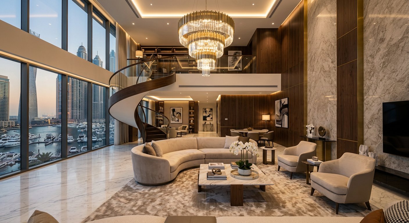 Interior of a branded residence in Dubai with skyline views