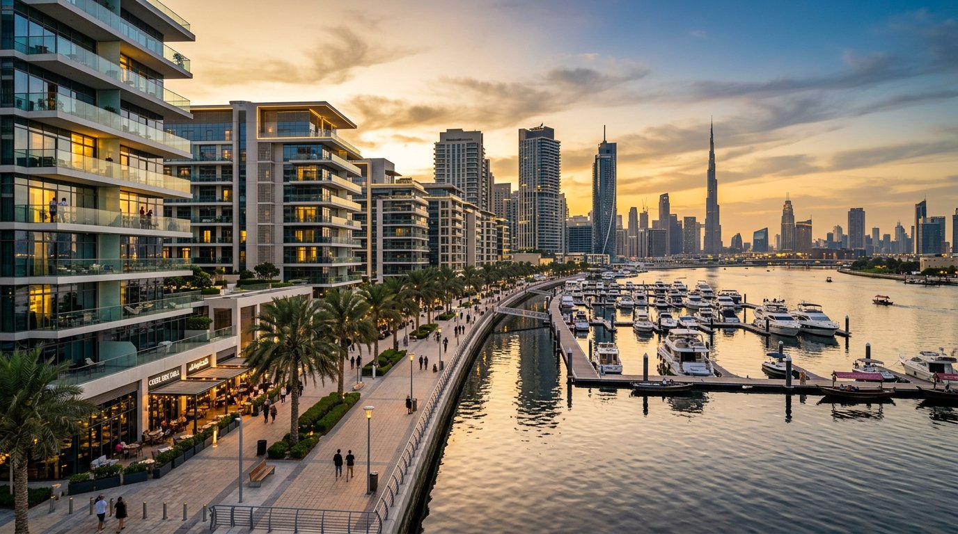 Waterfront residential buildings and promenade at Dubai Creek Harbour