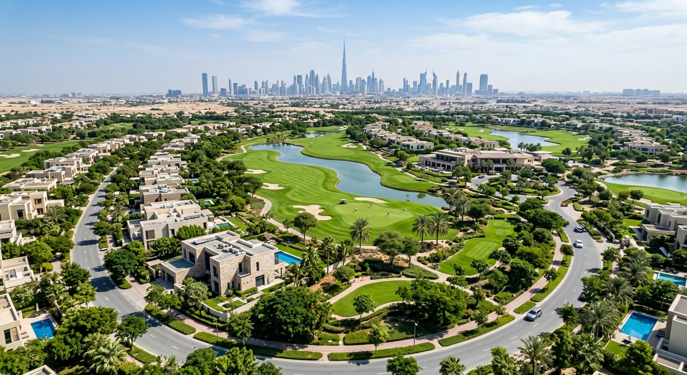 Green master-planned villas and golf course at Dubai Hills Estate