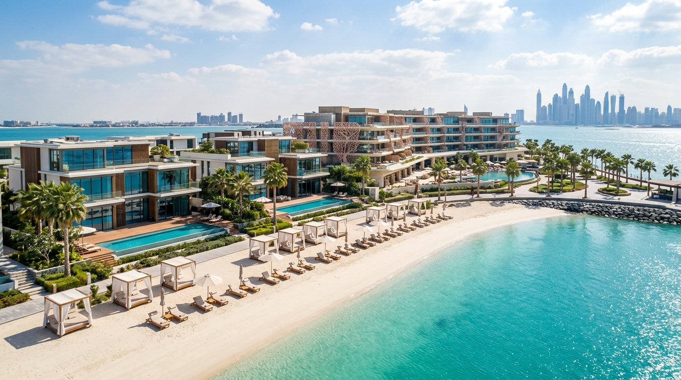 Beachfront residences and turquoise water at Dubai Islands