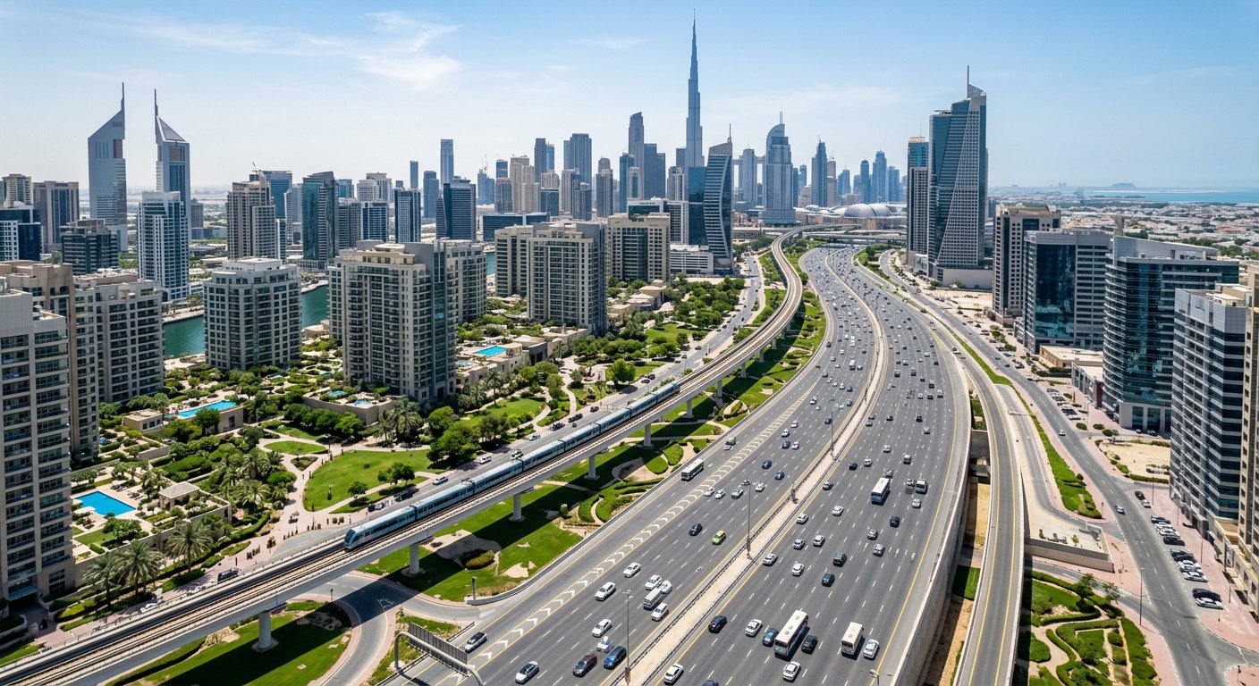 Aerial view of Dubai roads, metro line and residential districts