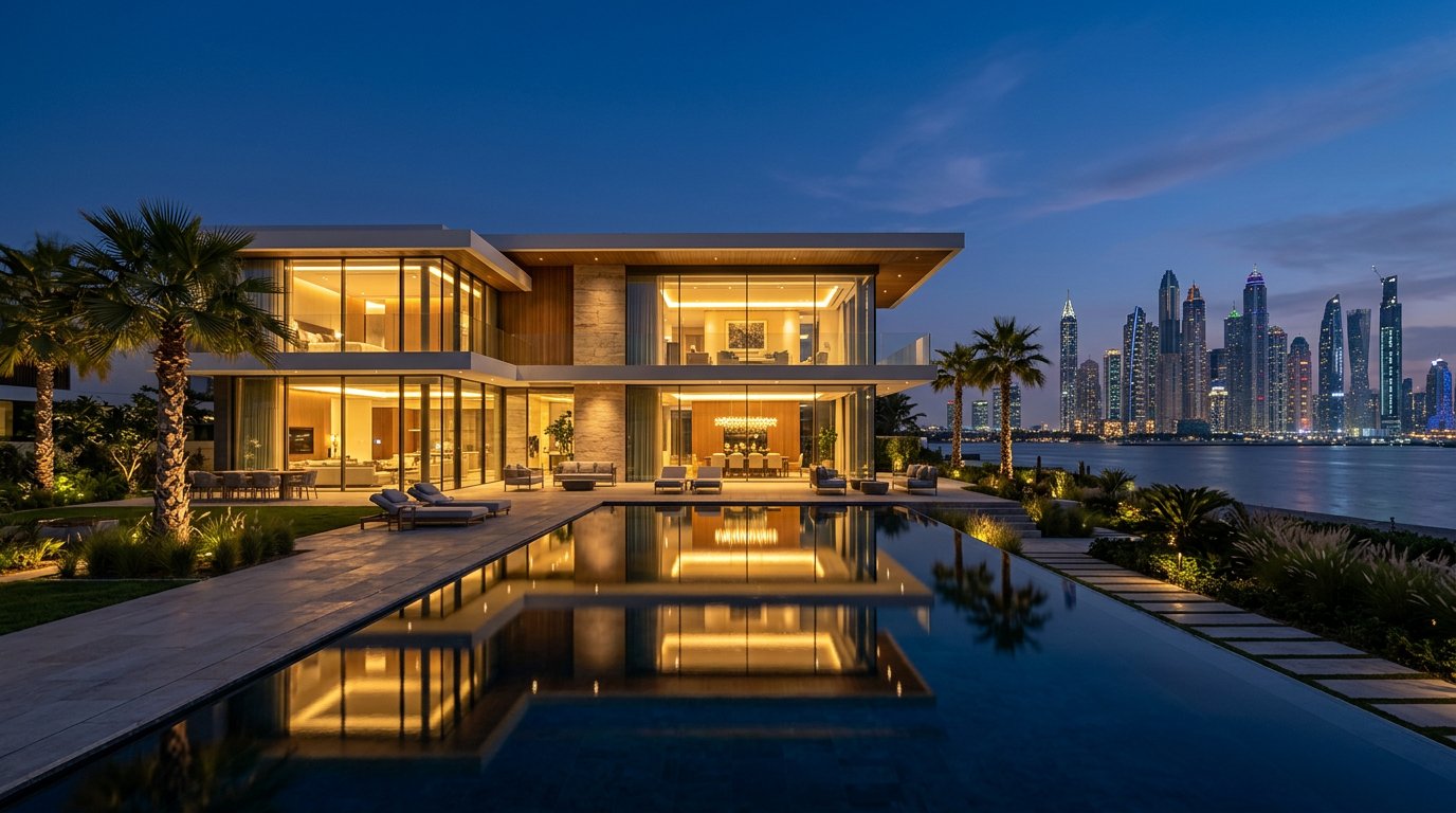 Luxury waterfront villa in Dubai with skyline views