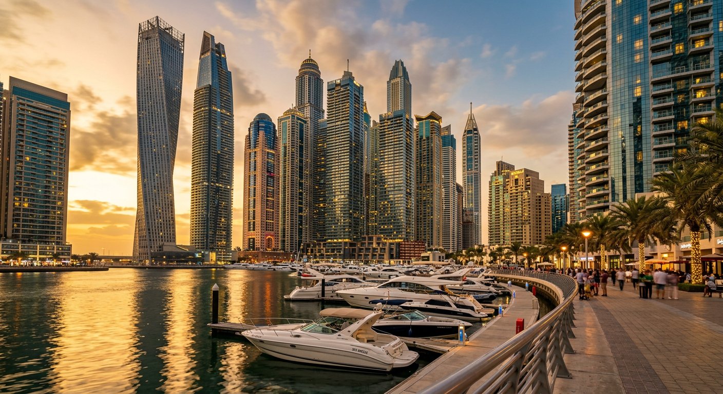 Luxury residential towers and yachts at Dubai Marina waterfront