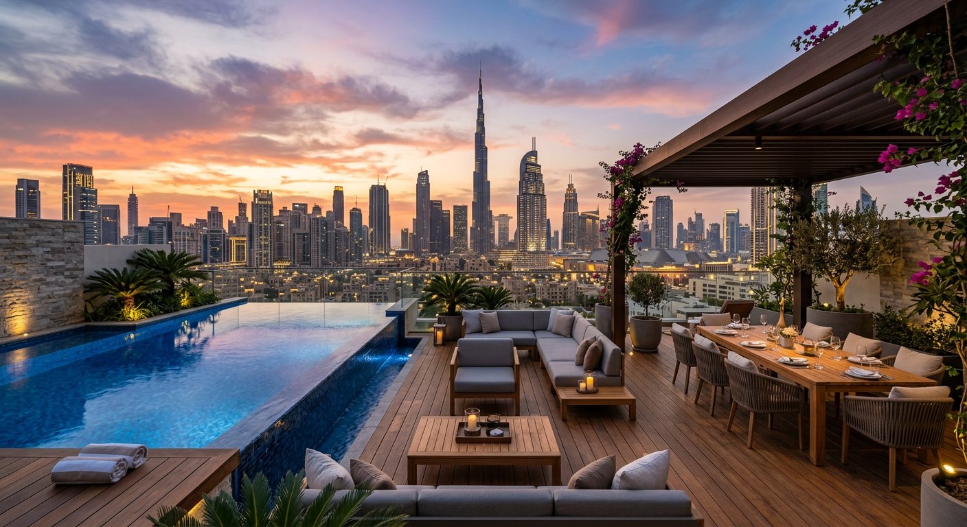 Luxury penthouse terrace with pool overlooking the Dubai skyline