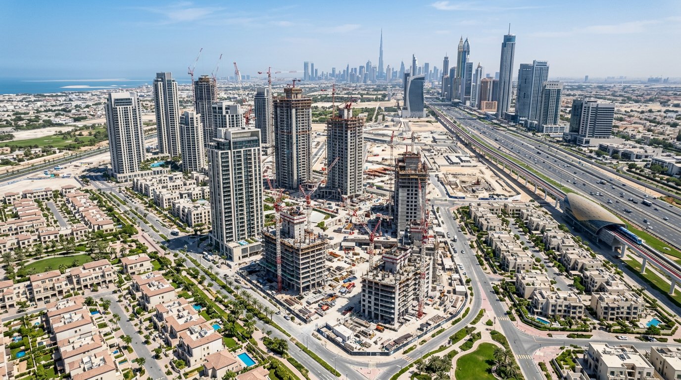 Aerial view of an emerging master-planned residential area in Dubai