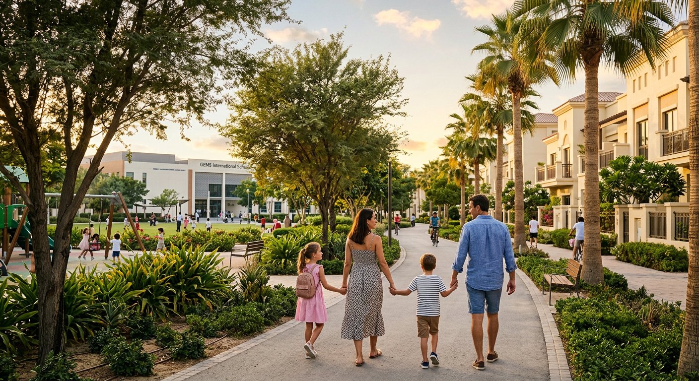 Family walking through a family-friendly residential community in Dubai