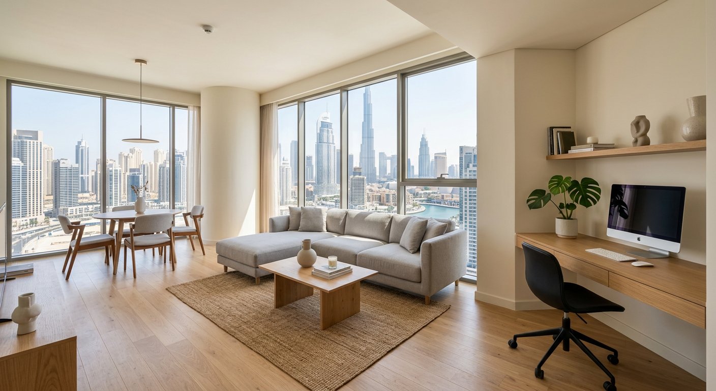 Flexible living space with a home office area in a modern Dubai apartment