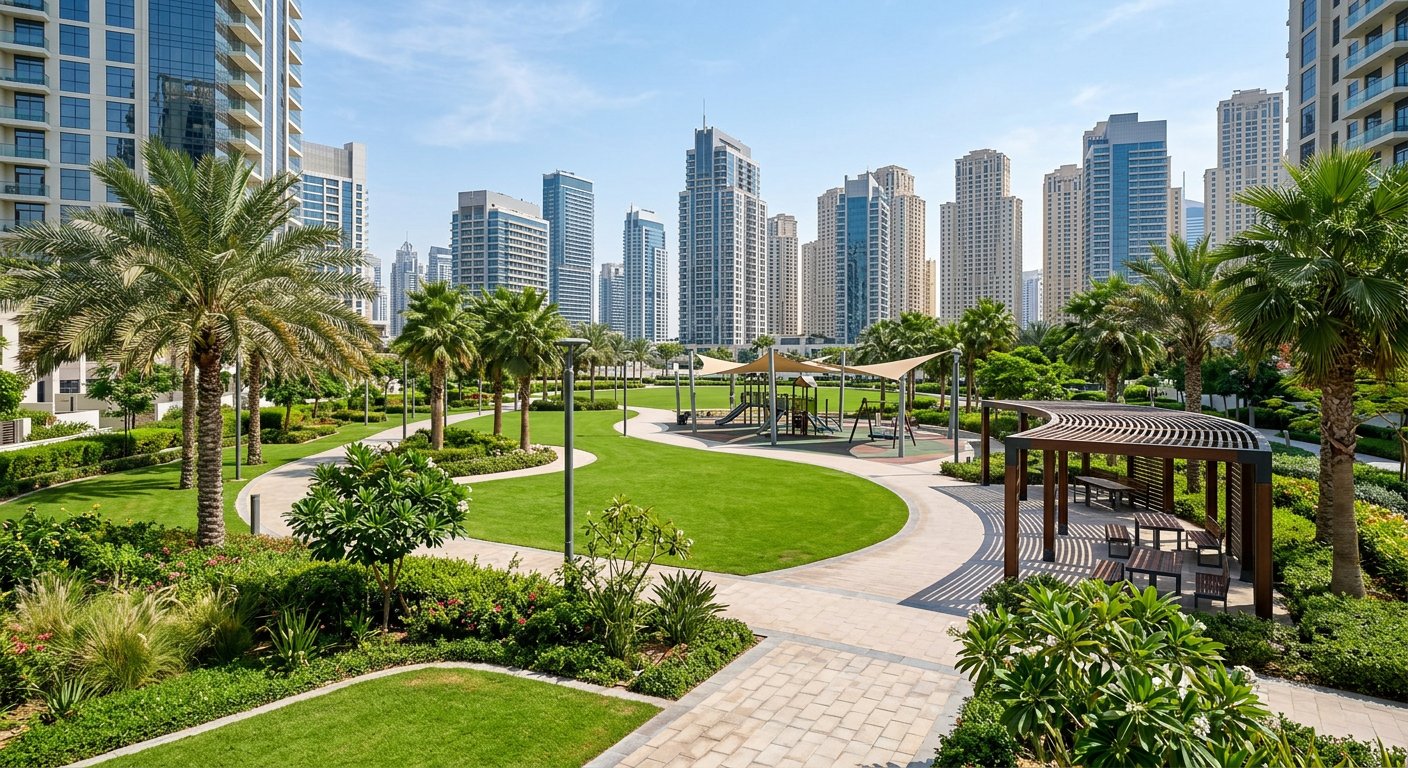 Landscaped park with walking paths and shaded seating in a Dubai residential community