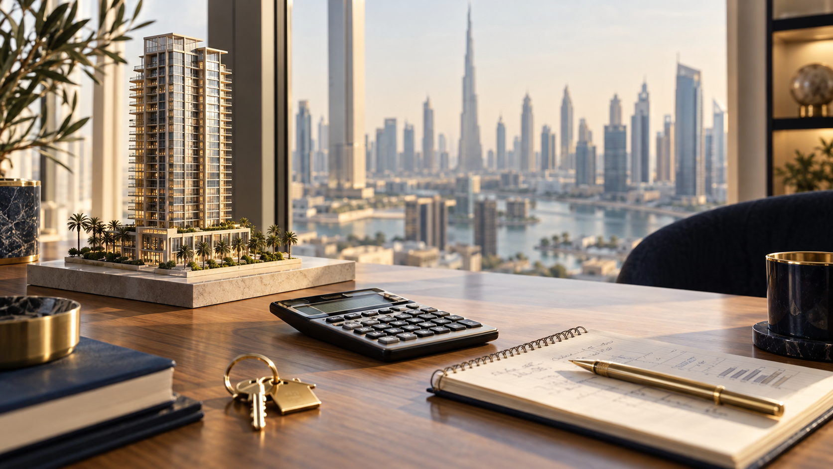 Property model and calculator overlooking Dubai