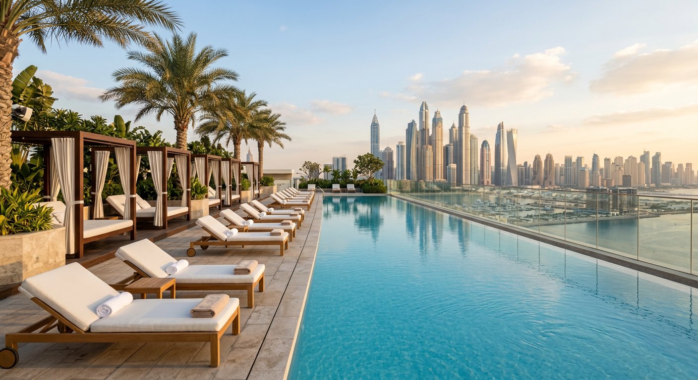 Rooftop infinity pool and amenities at a luxury Dubai apartment tower