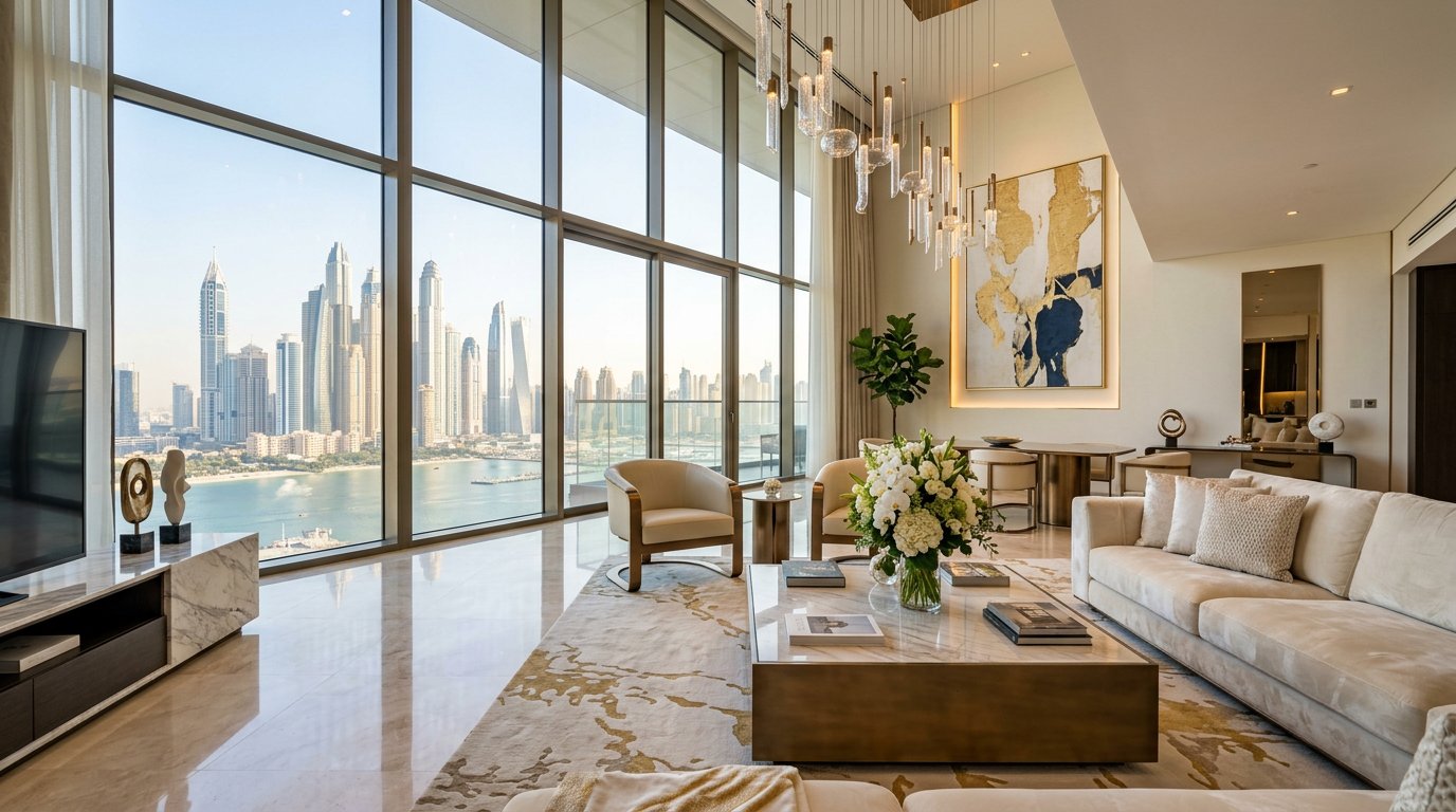 Interior of a luxury apartment in Dubai with skyline views