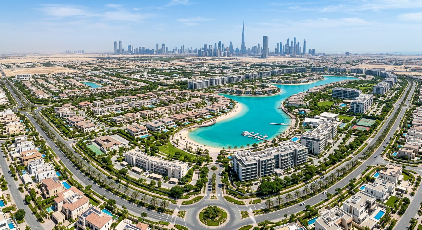 Aerial view of villas, apartments and open spaces in Mohammed Bin Rashid City, Dubai