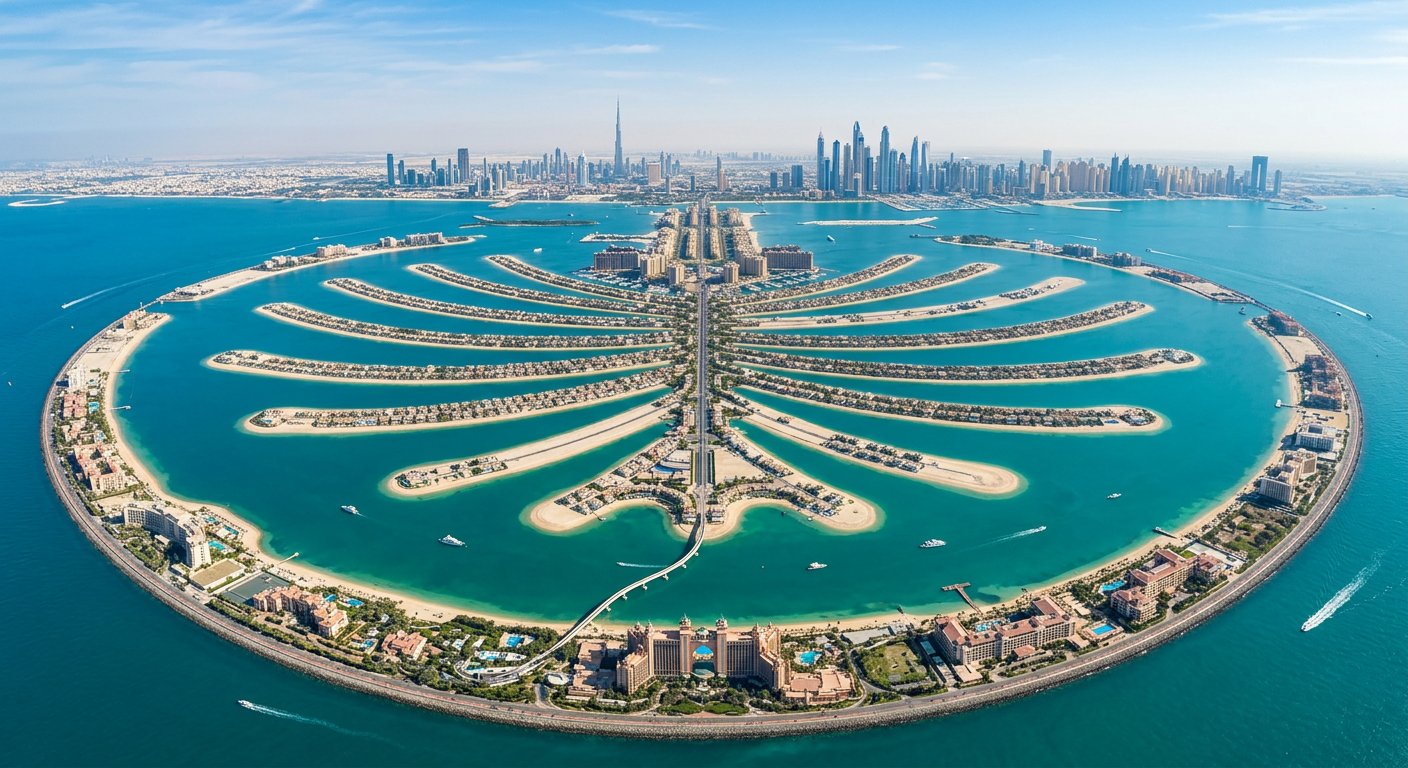 Aerial view of Palm Jumeirah villas and private beaches in Dubai