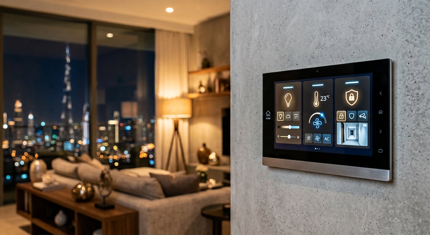 Smart home control panel managing lighting, climate and security in a Dubai apartment