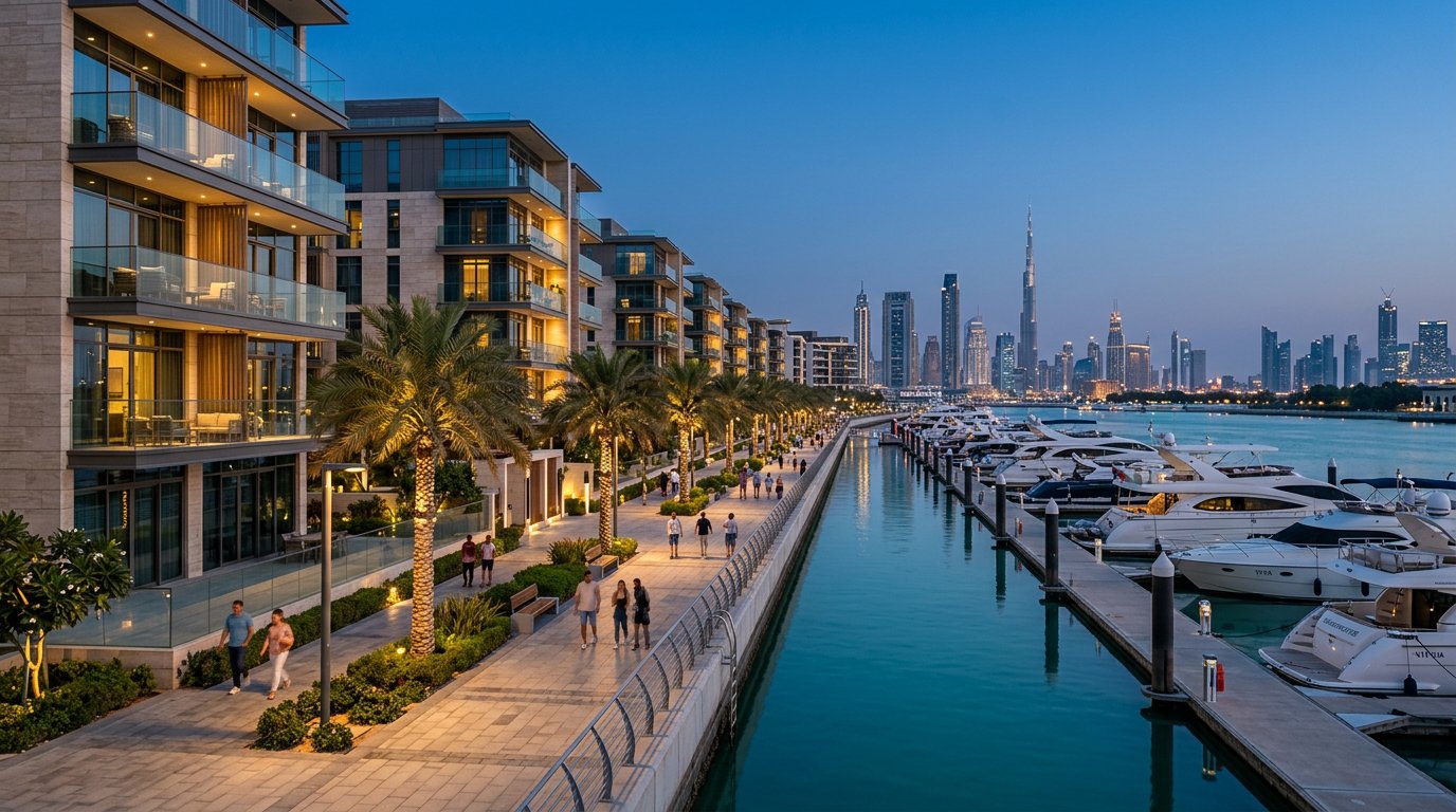 Waterfront residential buildings and promenade in Dubai