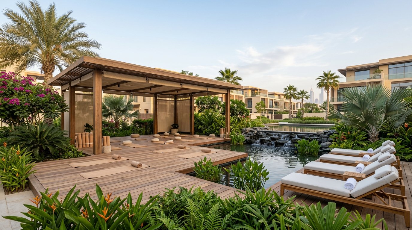 Wellness deck with landscaped planting at a luxury Dubai community