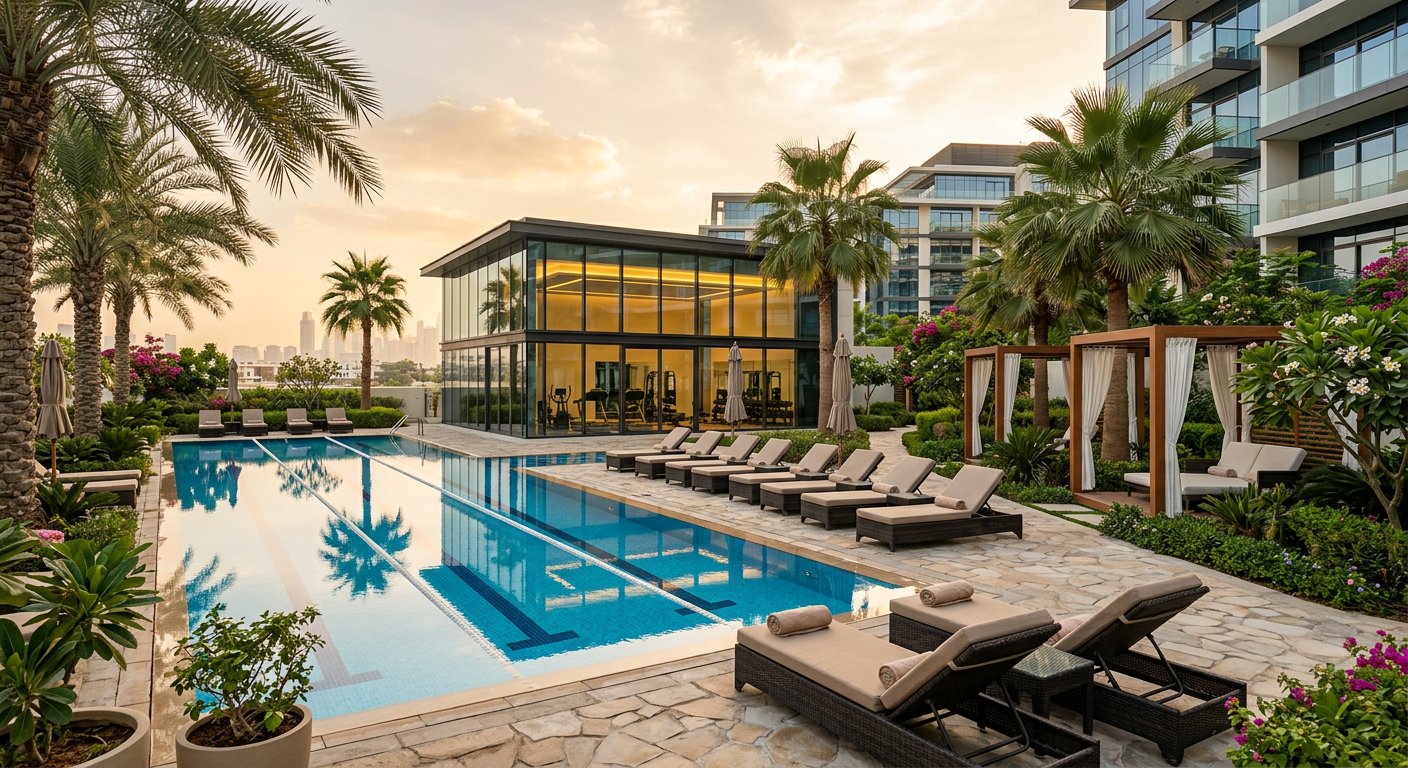 Community pool, fitness studio and landscaped wellness facilities in a Dubai residential development