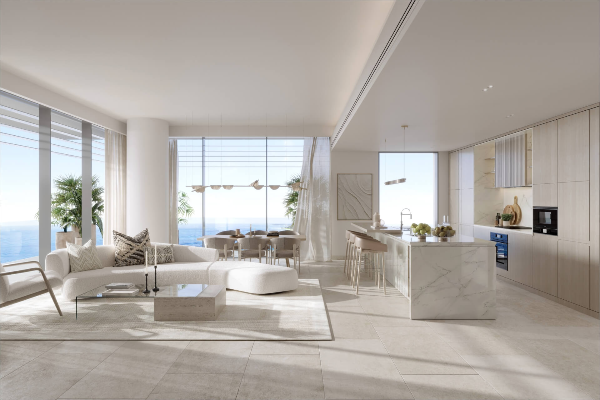 Light-filled Playa Del Sol living room and kitchen