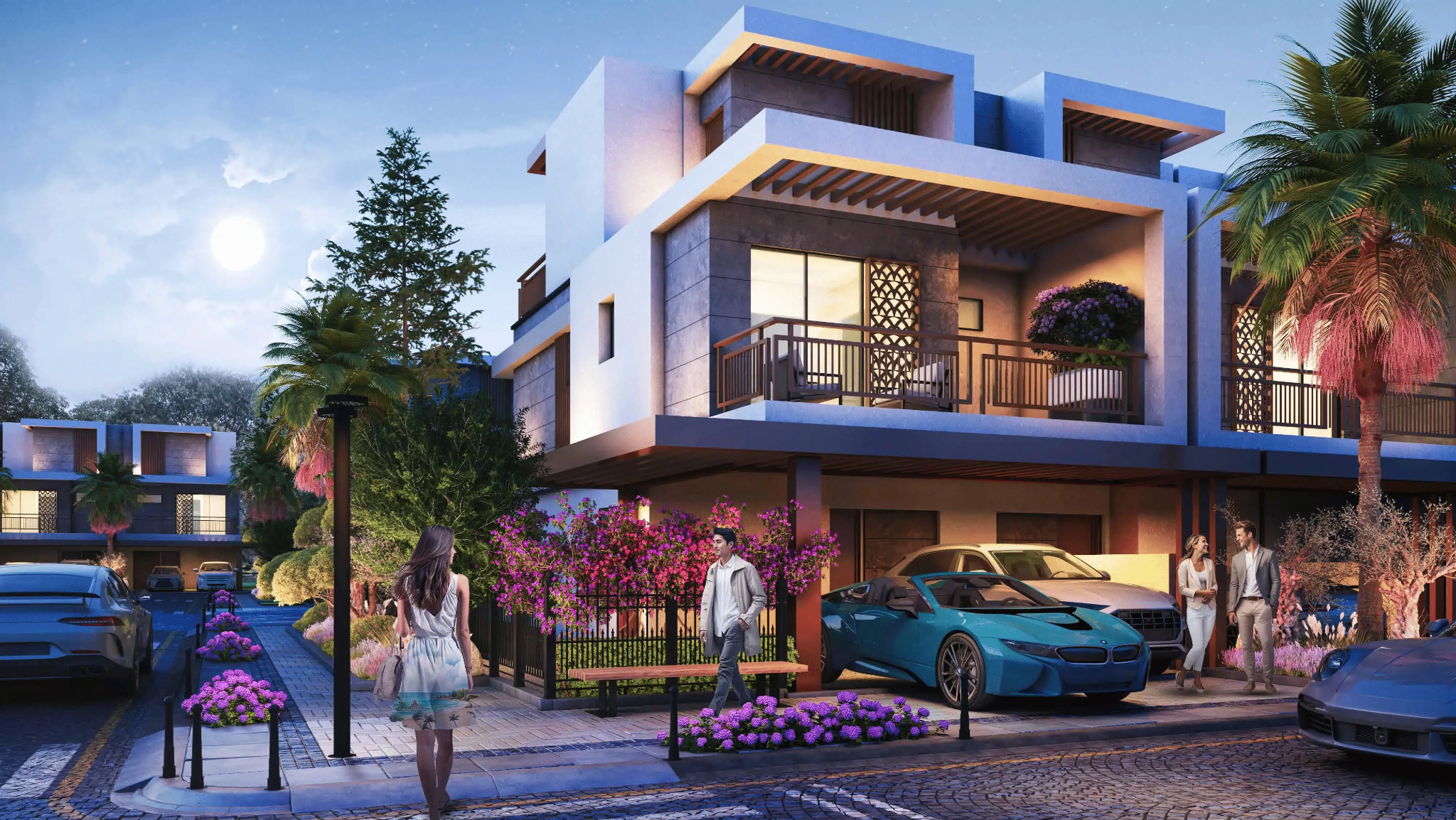 Townhouse exterior at dusk